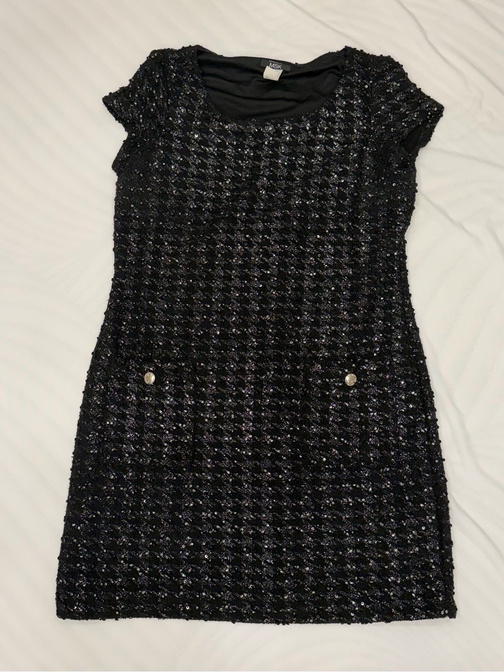 msk black sequin tweed mini dress